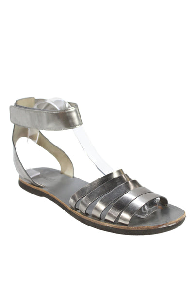 Vince Womens Leather Ankle Strap Flat Sandals Silver Size 8