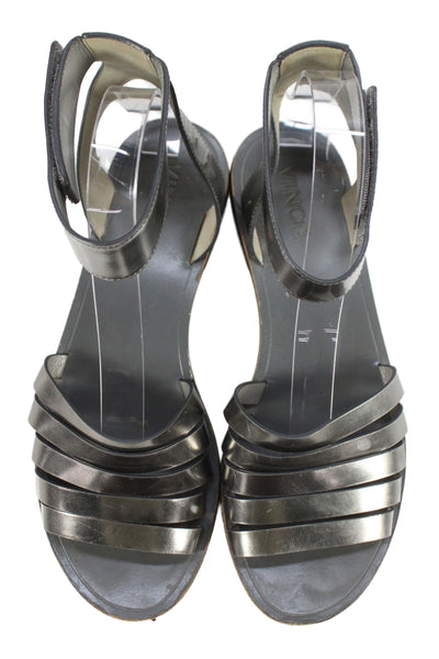 Vince Womens Leather Ankle Strap Flat Sandals Silver Size 8