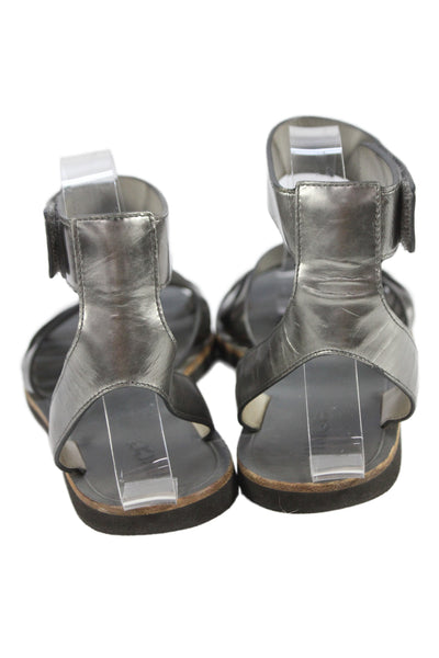 Vince Womens Leather Ankle Strap Flat Sandals Silver Size 8