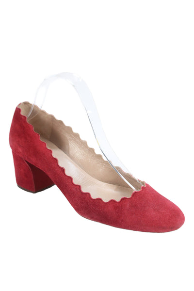 Chloe Womens Lauren Suede Scalloped Block-Heel Pumps Red Size 9