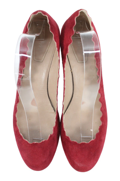 Chloe Womens Lauren Suede Scalloped Block-Heel Pumps Red Size 9