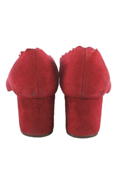 Chloe Womens Lauren Suede Scalloped Block-Heel Pumps Red Size 9
