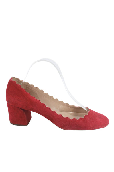 Chloe Womens Lauren Suede Scalloped Block-Heel Pumps Red Size 9