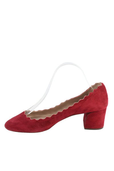 Chloe Womens Lauren Suede Scalloped Block-Heel Pumps Red Size 9