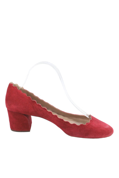 Chloe Womens Lauren Suede Scalloped Block-Heel Pumps Red Size 9