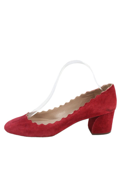Chloe Womens Lauren Suede Scalloped Block-Heel Pumps Red Size 9