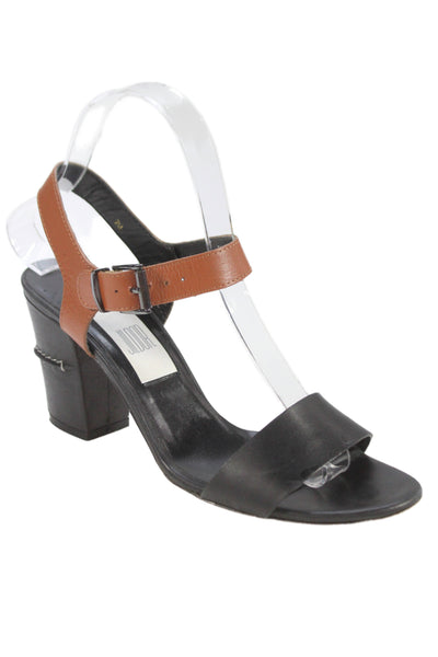 Jildor Womens Leather Ankle Strap Sandal Heels Brown Black Size 7