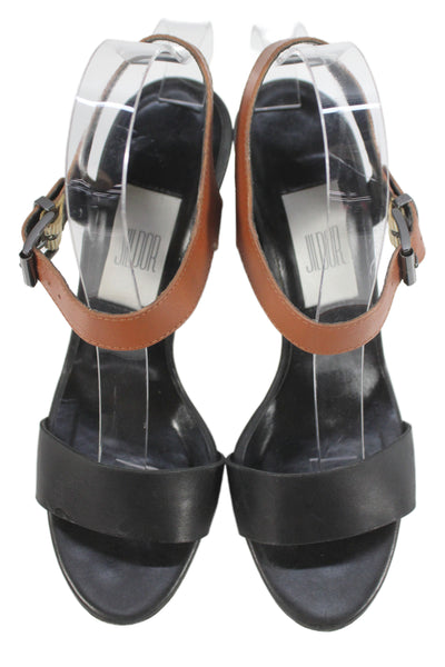 Jildor Womens Leather Ankle Strap Sandal Heels Brown Black Size 7