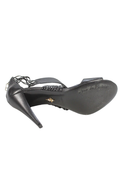 Pour la Victoire Womens Leather T Strap Sandal Heels Black Size 7
