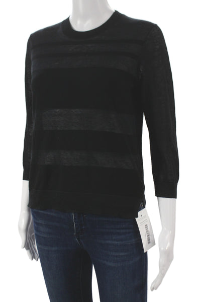 Theory Womens Striped Black Pullover Sweater Crew Neck 3/4 Sleeve Size S