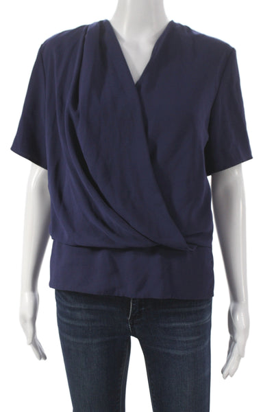 MM. La Fleur Womens Basic Blue V-Neck Short Sleeve Blouse Size M