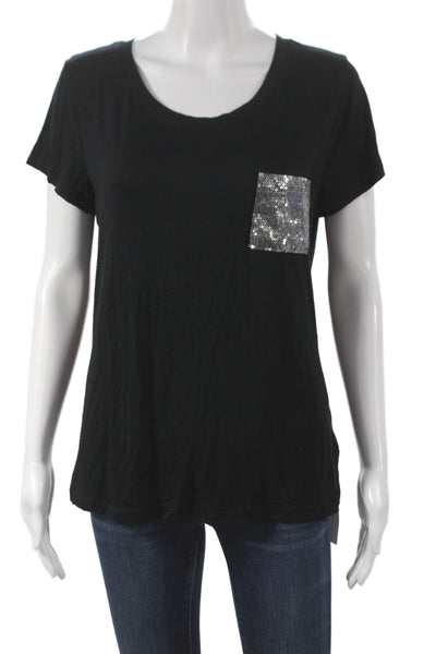 Ellen Tracy Women Basic Sequin Scoop Neck Short Sleeve Black T-Shirt Size M