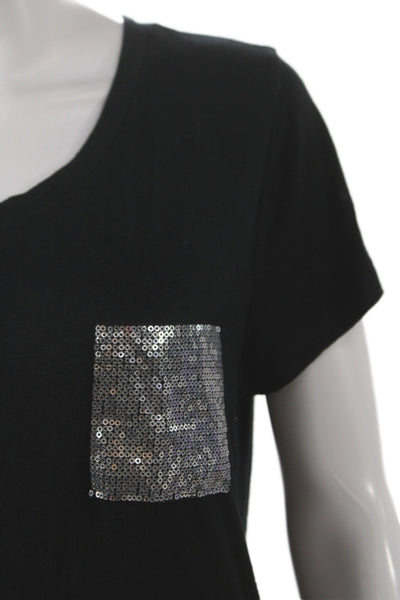 Ellen Tracy Women Basic Sequin Scoop Neck Short Sleeve Black T-Shirt Size M