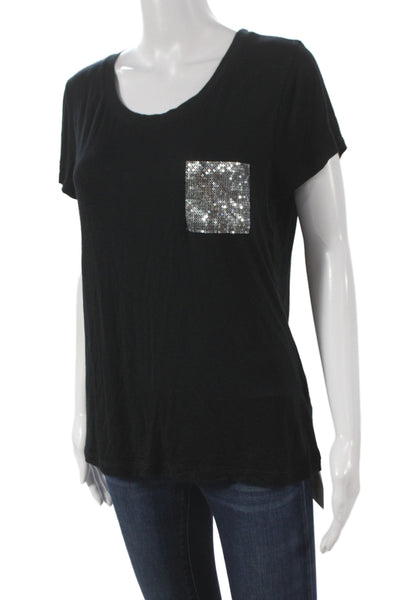 Ellen Tracy Women Basic Sequin Scoop Neck Short Sleeve Black T-Shirt Size M
