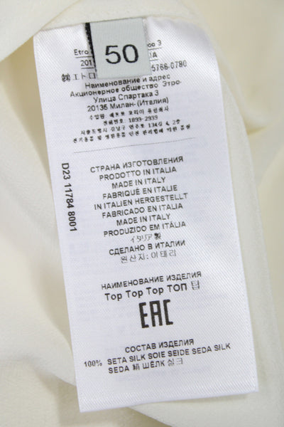 Etro Women V-Neck Silk Tunic Blouse Ivory Long Sleeve Size 50
