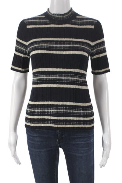 Theory Women Black Striped Mock Neck Pullover Short Sleeve Size M