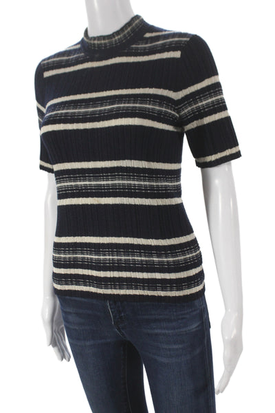 Theory Women Black Striped Mock Neck Pullover Short Sleeve Size M