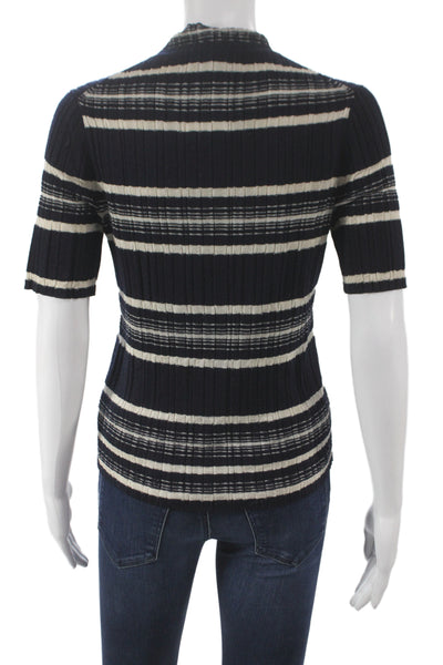 Theory Women Black Striped Mock Neck Pullover Short Sleeve Size M