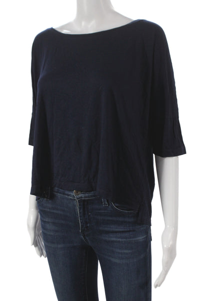Feel The Piece Womens Basic T-Shirt Blue Boat Neck 3/4 Sleeve Rayon Size M