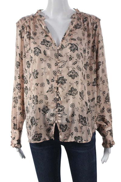 Zara Women Basic Blouse Pink V-Neck Long Sleeve Floral Polyester Size S