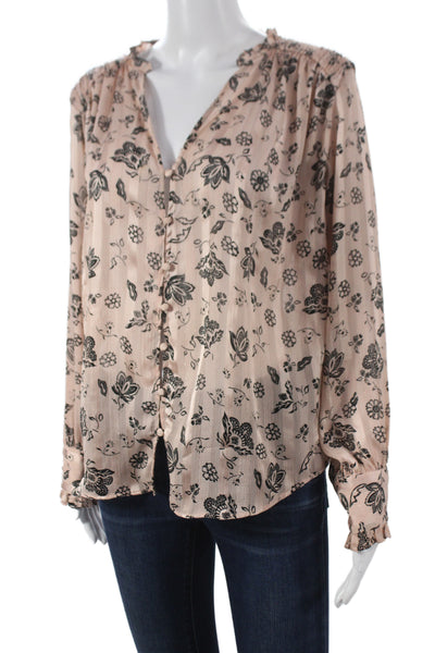 Zara Women Basic Blouse Pink V-Neck Long Sleeve Floral Polyester Size S
