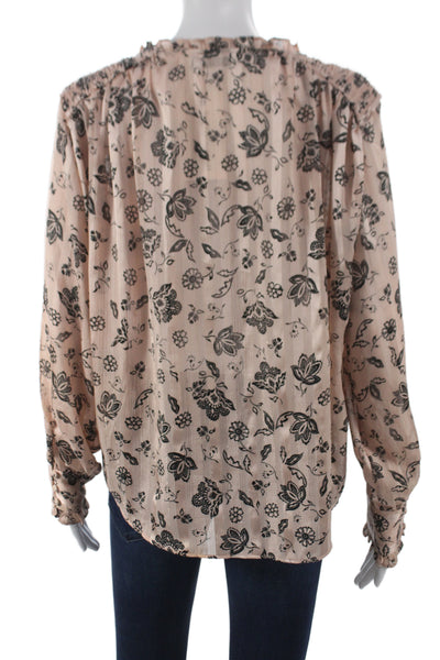 Zara Women Basic Blouse Pink V-Neck Long Sleeve Floral Polyester Size S