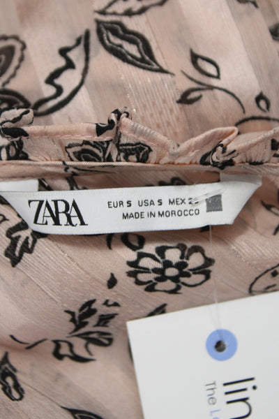 Zara Women Basic Blouse Pink V-Neck Long Sleeve Floral Polyester Size S