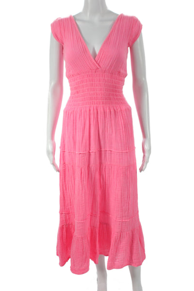 Felicite Womens Maxi Dress Pink V Neck Short Sleeve 100% Cotton Boho Size 1