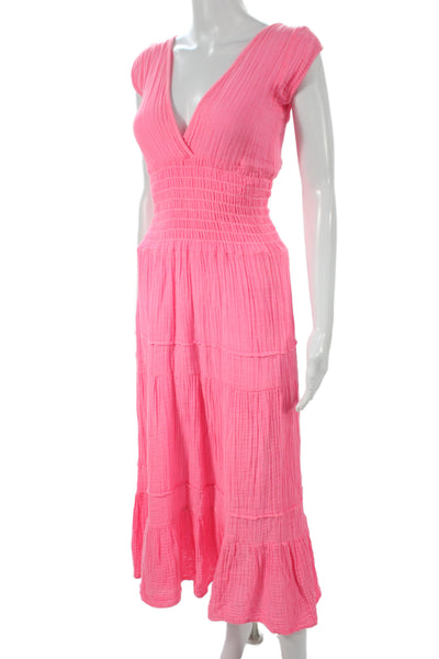 Felicite Womens Maxi Dress Pink V Neck Short Sleeve 100% Cotton Boho Size 1