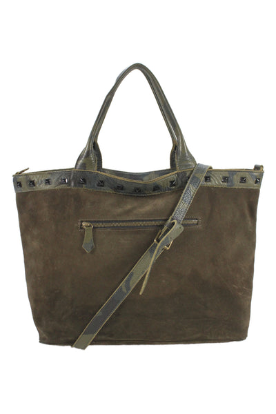 Laggo Womens Pocket Front Camouflage Studded Trim Suede Tote Handbag Brown