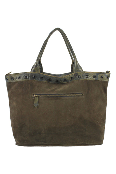 Laggo Womens Pocket Front Camouflage Studded Trim Suede Tote Handbag Brown