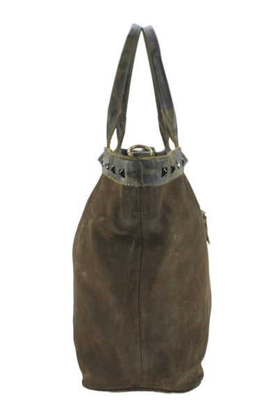 Laggo Womens Pocket Front Camouflage Studded Trim Suede Tote Handbag Brown