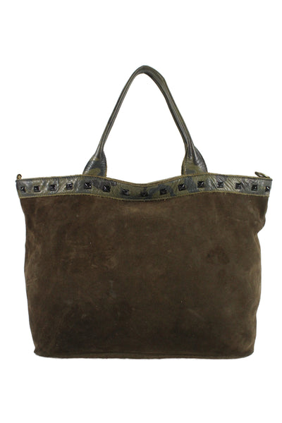Laggo Womens Pocket Front Camouflage Studded Trim Suede Tote Handbag Brown