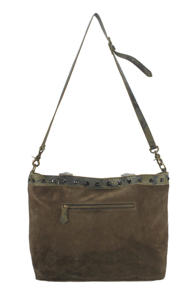 Laggo Womens Pocket Front Camouflage Studded Trim Suede Tote Handbag Brown