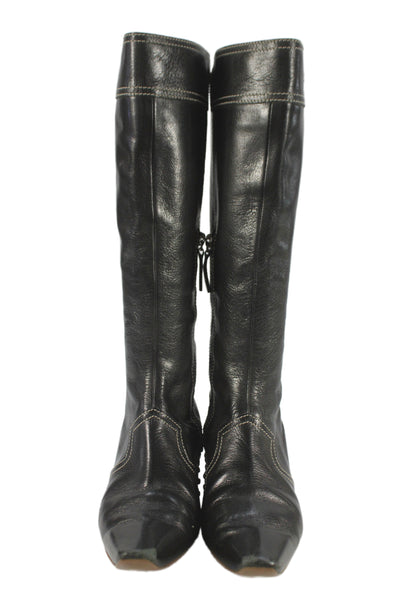 Tods Womens Side Zip Block Heel Pointed Toe Knee High Boots Black Size 37