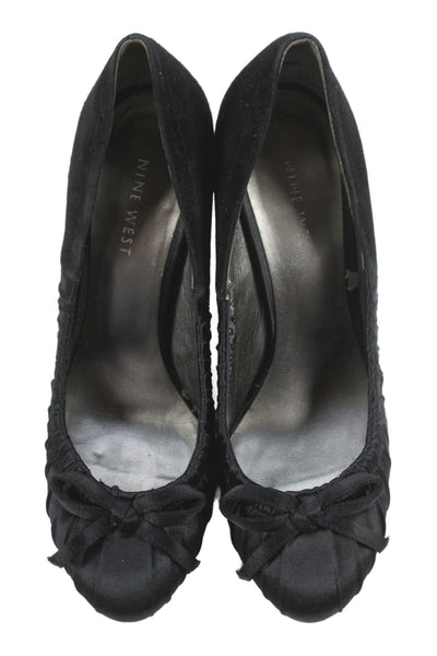 Nine West Womens Block Heel Satin Suede Bow Pumps Black Size 6.5