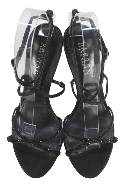 Lauren Ralph Lauren Womens Crystal Satin Strappy Sandals Black Size 6.5