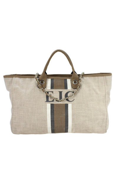 Lily & Bean Womens Double Handle Striped EJC Canvas Tote Handbag Brown