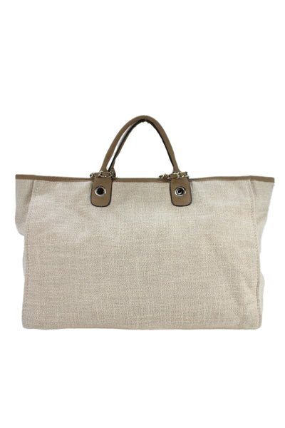 Lily & Bean Womens Double Handle Striped EJC Canvas Tote Handbag Brown