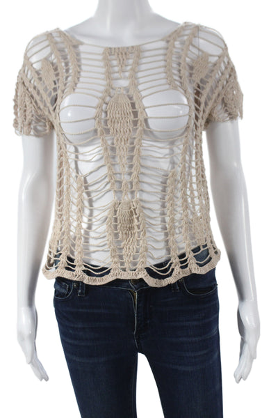 Tularosa Womens Boho Cropped Cotton Blouse Short Sleeve Round Neck Beige Size S