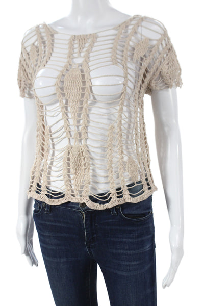 Tularosa Womens Boho Cropped Cotton Blouse Short Sleeve Round Neck Beige Size S