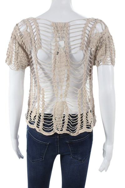 Tularosa Womens Boho Cropped Cotton Blouse Short Sleeve Round Neck Beige Size S