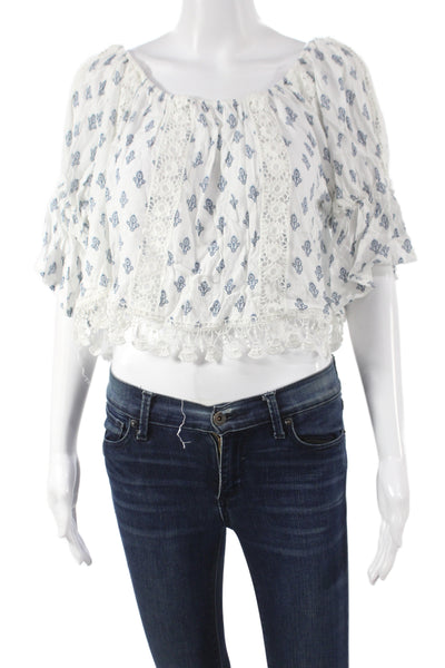 Tularosa Women Cropped Blouse Off Shoulder Paisley Blue Rayon Size XS