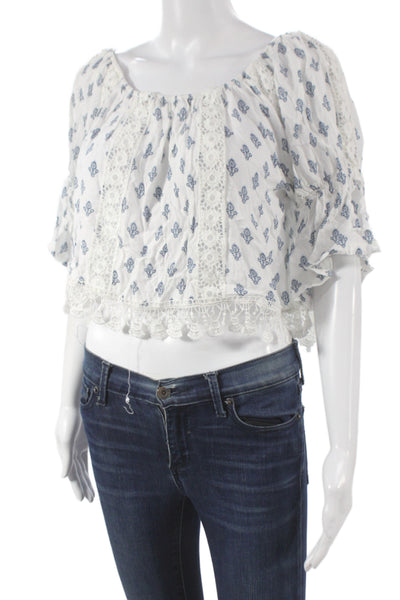 Tularosa Women Cropped Blouse Off Shoulder Paisley Blue Rayon Size XS