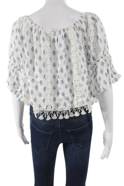 Tularosa Women Cropped Blouse Off Shoulder Paisley Blue Rayon Size XS