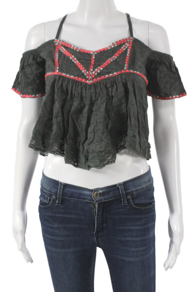 Free People Womens Cropped Off Shoulder Black Cotton Boho Blouse Size XS