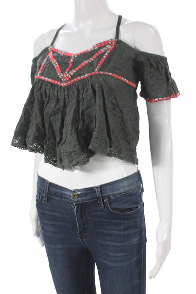 Free People Womens Cropped Off Shoulder Black Cotton Boho Blouse Size XS