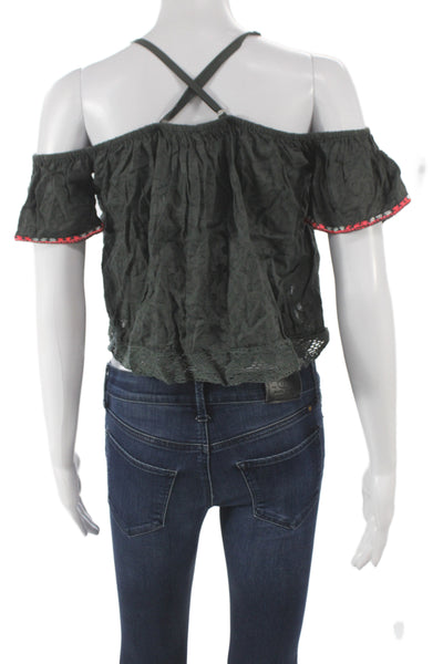 Free People Womens Cropped Off Shoulder Black Cotton Boho Blouse Size XS