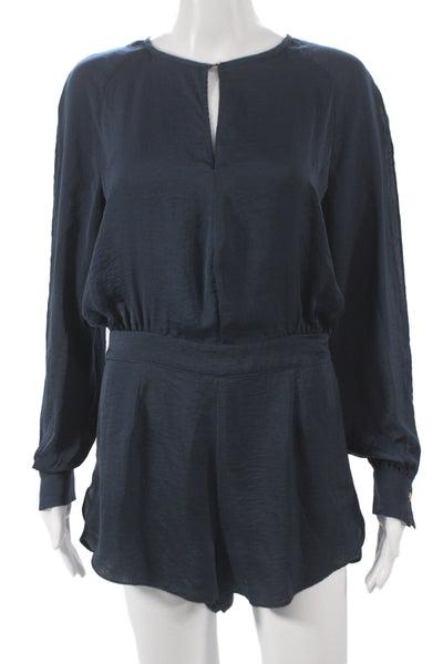Finders Women Romper Blue Long Sleeve Round Neck Button Polyester Size M