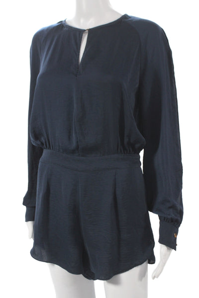 Finders Women Romper Blue Long Sleeve Round Neck Button Polyester Size M